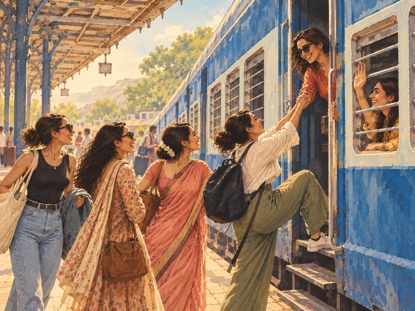 Painting of women boarding a blue train together