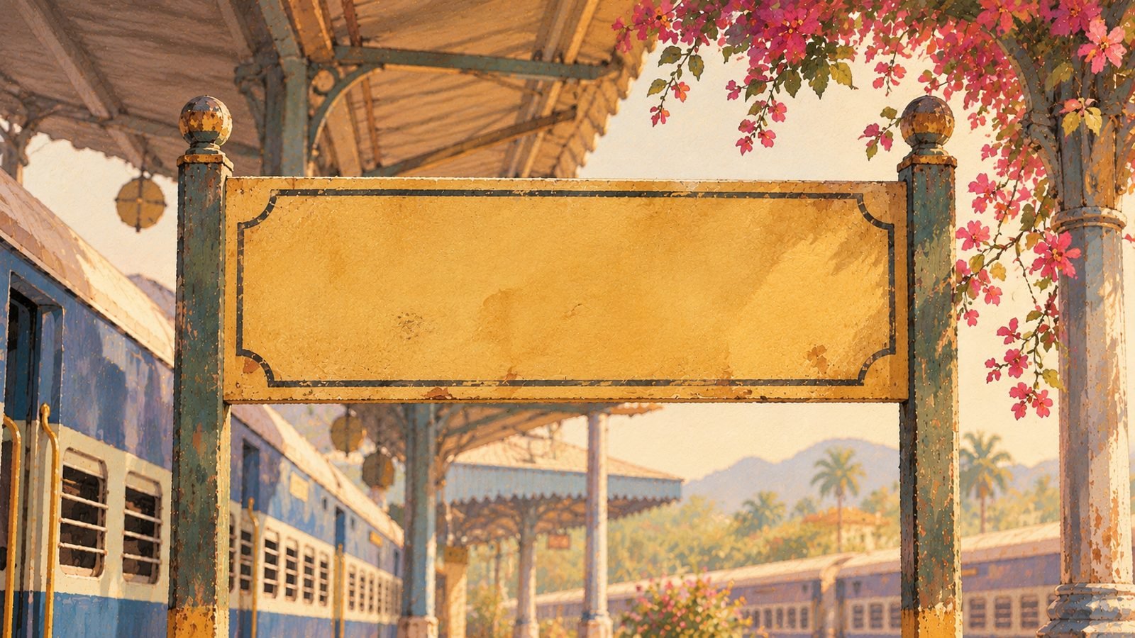 Painting of a yellow railway station signboard on a sunny platform